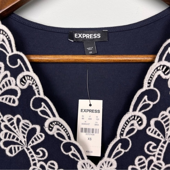 Express Navy/White Floral Embroidered Peplum Top - Picture 4 of 8